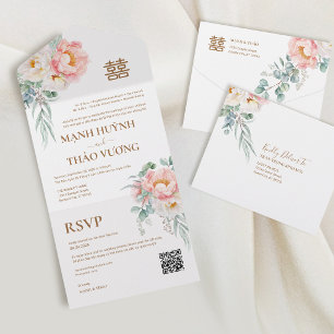 Bilingual Vietnamese Peonies Wedding All In One Invitation