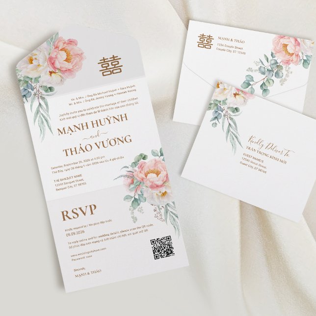 Bilingual Vietnamese Peonies Wedding All In One Invitation (Creator Uploaded)