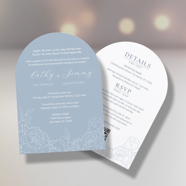 Bilingual Vietnamese Peony Dusty Blue Arch Invitation (Creator Uploaded)