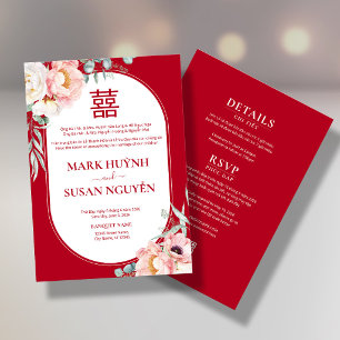 Bilingual Vietnamese Peony Song Hy Wedding Invitation