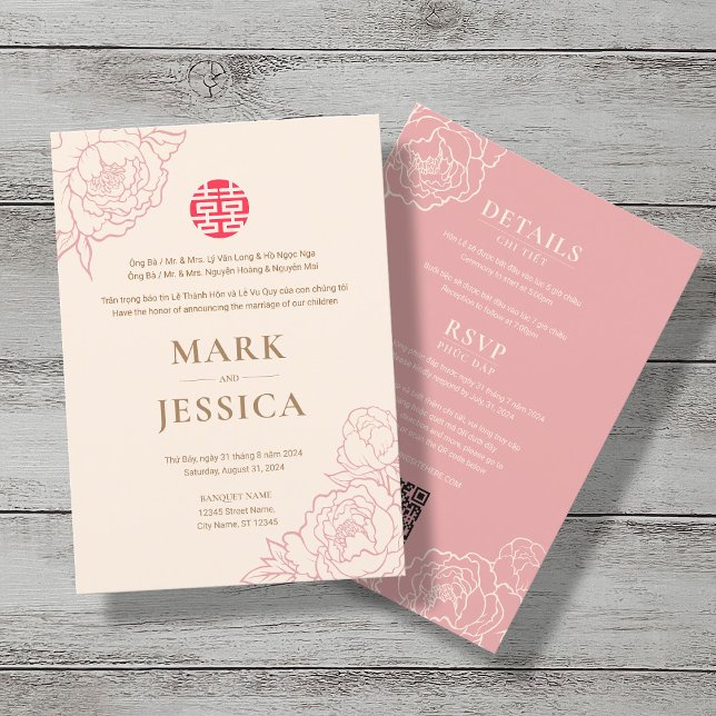 Bilingual Vietnamese Peony Song Hy Wedding Invitation (FRONT & BACK)
