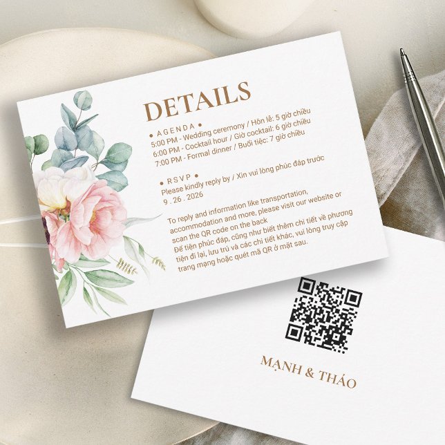 Bilingual Vietnamese Peony Wedding Details Card (Creator Uploaded)