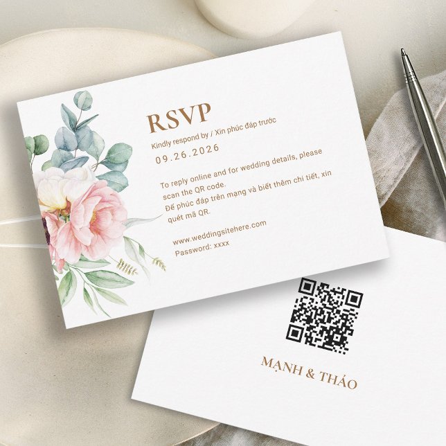 Bilingual Vietnamese Peony Wedding RSVP (QR code) Card (Creator Uploaded)