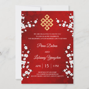 BILINGUAL  White Cherry Blossom Tibetan Wedding Invitation