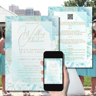 Bilingual WHITE GOLD TEAL Wedding incl. Details Invitation