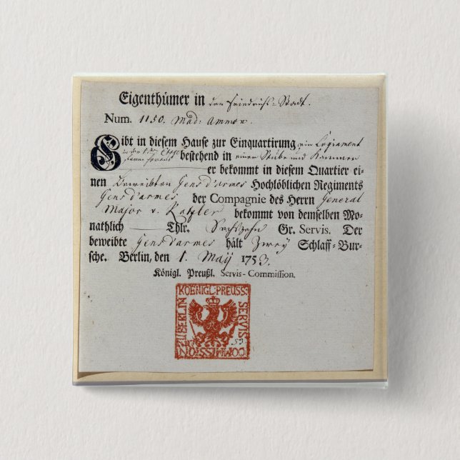 Billeting voucher, 1759 15 cm square badge (Front)