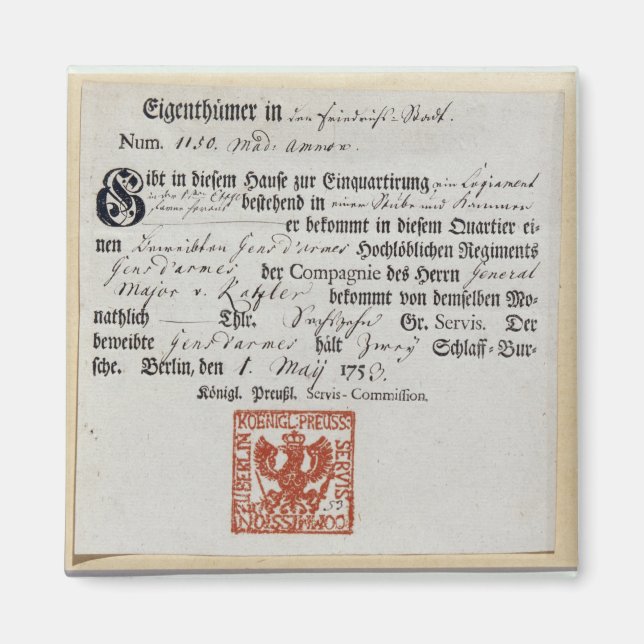 Billeting voucher, 1759 magnet (Front)