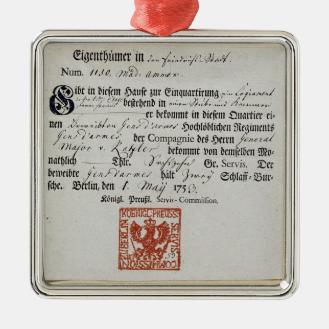 Billeting voucher, 1759 metal tree decoration (Front)