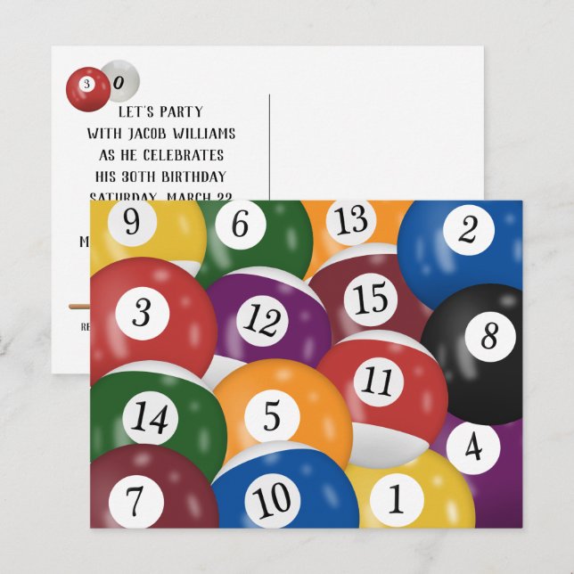 Billiard Balls 30th Birthday Party Postcard (Front/Back)