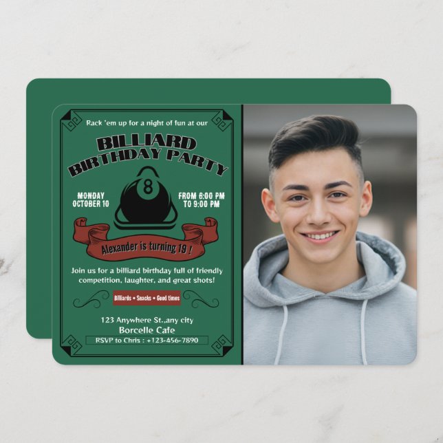 Billiard Birthday Party Pool Theme Custom Photo Invitation (Front/Back)