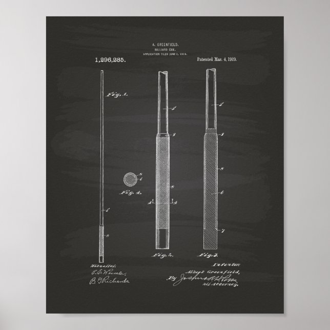 Billiard Cue 1919 Patent Art - Chalkboard Poster (Front)