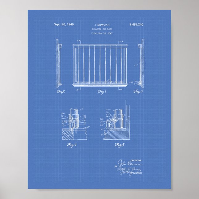 Billiard Cue Lock 1949 Patent Art - Blueprint Poster (Front)