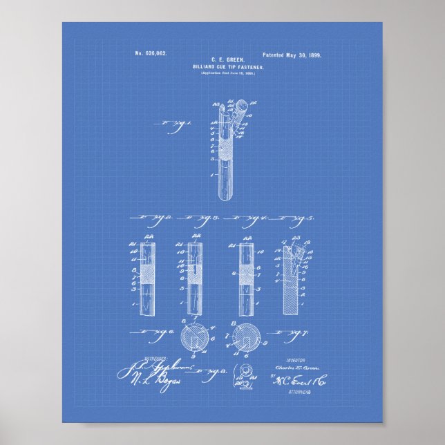 Billiard Cue Tip 1899 Patent Art  - Blueprint Poster (Front)