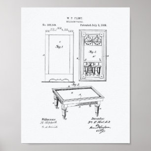 Billiard Table 1888 Patent Art - White Paper Poster