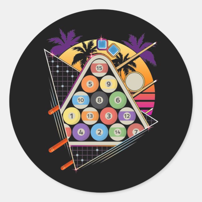 Billiard Vaporwave 80s 90s Snooker Pool Player Classic Round Sticker (Front)