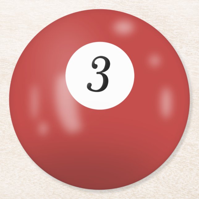 Billiards number 3 ball round paper coaster (Front)