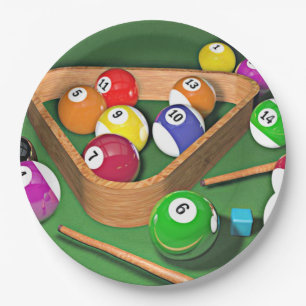 Billiards, rack 'em up, colorful design, paper plate