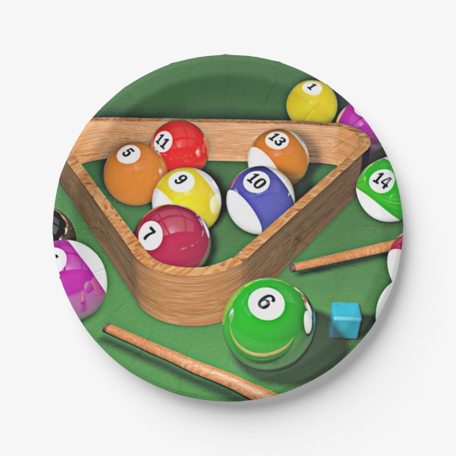 Billiards, rack 'em up, colourful design, paper plate (Front)