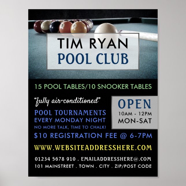 Billiards Table, Pool, Snooker Club Advertising Poster (Front)