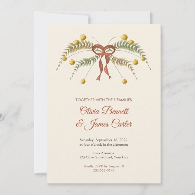 Billy Button Fern Arch Boho Wedding Invitation (Front)