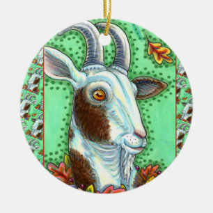 BILLY GOAT AND AUTUMN LEAVES, THANKSGIVING FARM CERAMIC TREE DECORATION