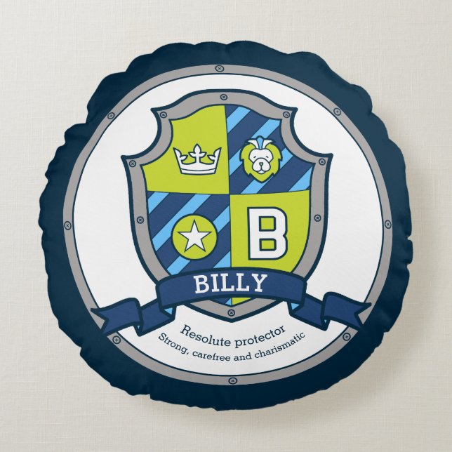 Billy letter B name meaning heraldry shield  Round Cushion (Front)