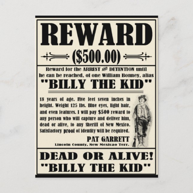 Billy the Kid Wanted Poster Postcard (Front)