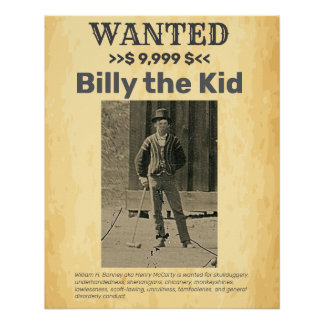 Billy the Kid 🤠WANTED REWARD Poster 