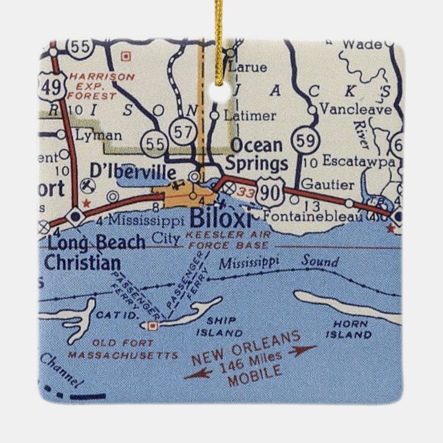 Biloxi MS Vintage Map Ceramic Ornament (Back)