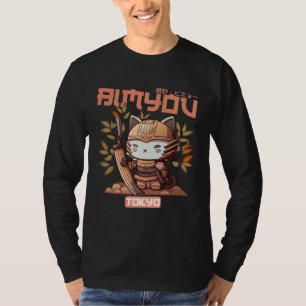 Bimyou Samurai Cat Graphic with Cherry Blossom Tre T-Shirt