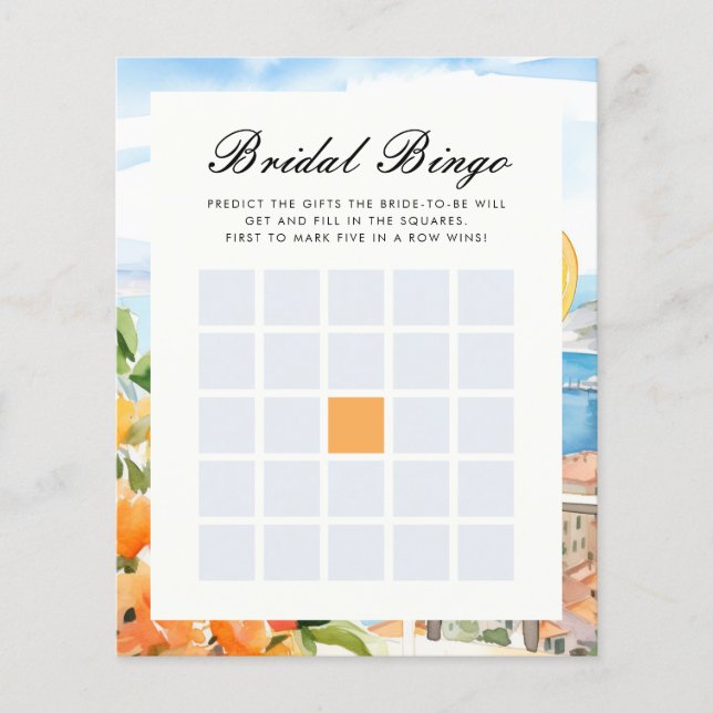Bingo Aperol Spritz Amalfi Bridal Shower Game (Front)