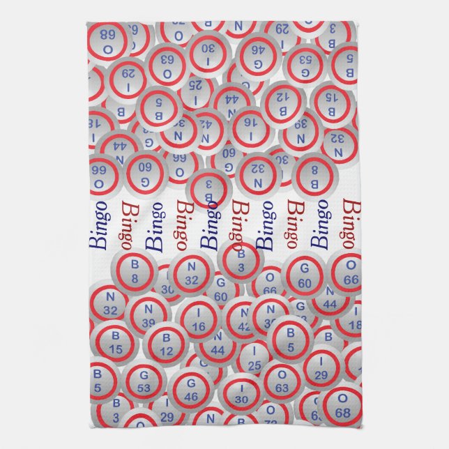 Bingo Balls BINGO Red White and Blue Tea Towel (Vertical)