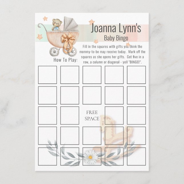 Bingo Card Baby Shower | Bear and Rocking Horse (Front)