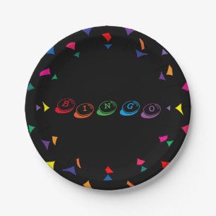 BINGO Colourful Lettering on Black Background Paper Plate