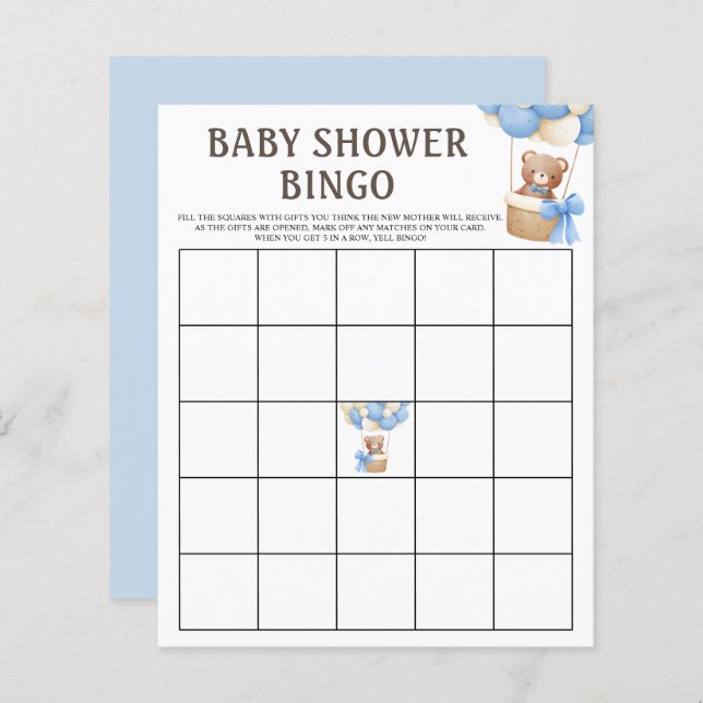 Bingo Game | Bear Balloon Boy Baby Shower Games (Front/Back)
