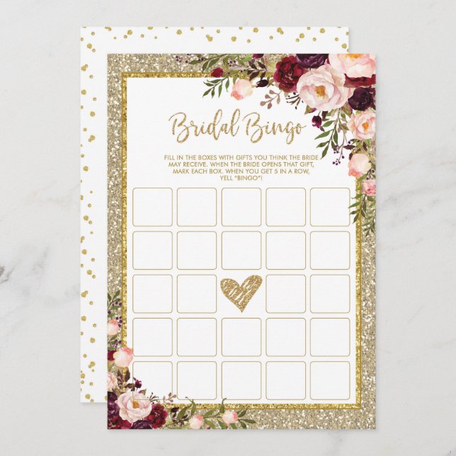 Bingo Gold Glitter Marsala Shower Game Invitation (Front/Back)