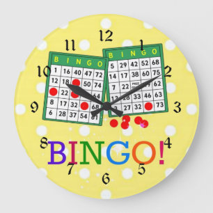 Bingo! Green and White Bingo Cards on Yellow Large Clock
