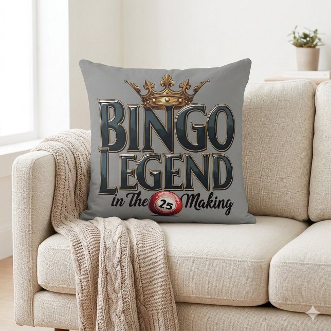 Bingo Legend Crowned in Gold Retro Typography Cushion (Bingo Legend Crowned in Gold Retro Typography Throw Pillow Mockup A)