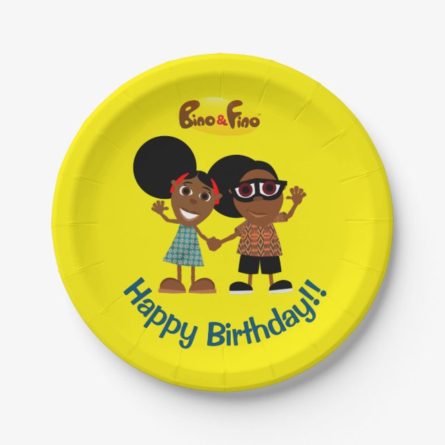 Bino and Fino Birthday Party Plate Yellow (Front)