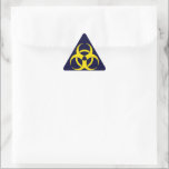 Biohazard Symbol Triangle Sticker<br><div class="desc">Dark blue triangle sticker with a bright yellow biohazard warning symbol.</div>
