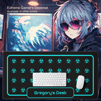 Biohazard Symbols -Blue Cyan on a Black Background Desk Mat