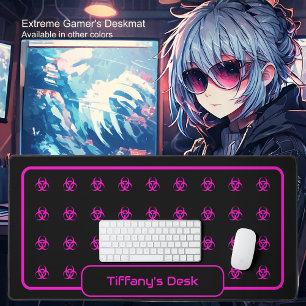 Biohazard Symbols - Hot Pink on a Black Background Desk Mat