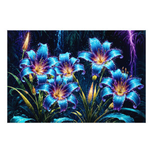 Bioluminescent flowers night garden illustration photo print