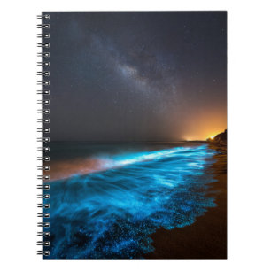 Bioluminescent Waves Under Starry Sky Photo Notebook