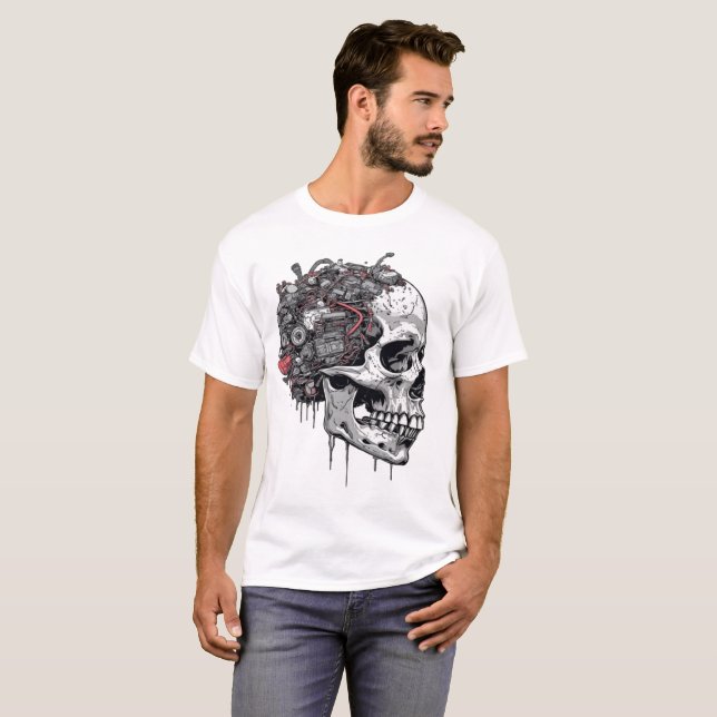 Biomechanical Cyberpunk Cyborg Skull Engine T-Shirt (Front Full)