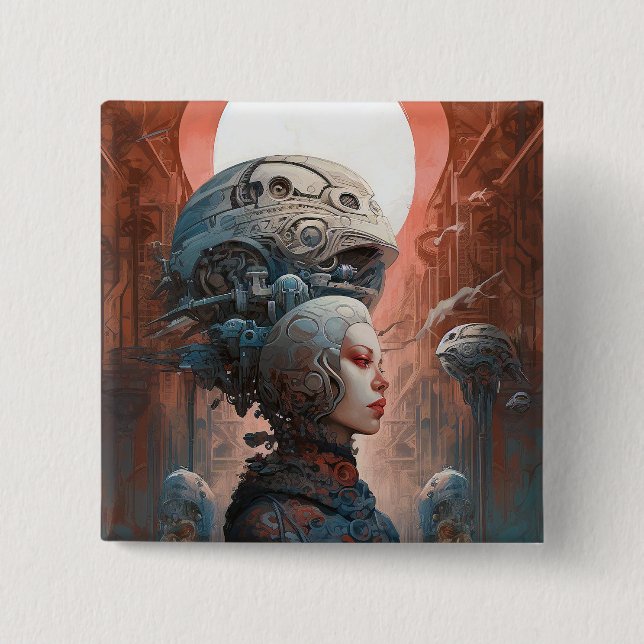 Biomechanical Head Surreal Sci-Fi Art 15 Cm Square Badge (Front)
