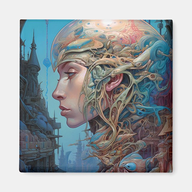 Biomechanical Head Surreal Sci-Fi Art Magnet (Front)