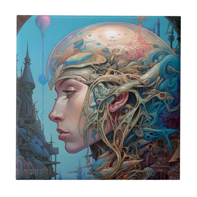 Biomechanical Head Surreal Sci-Fi Art Tile (Front)