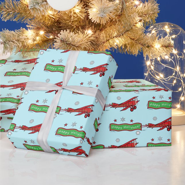 Biplane Flying at Christmas Wrapping Paper (Holidays)