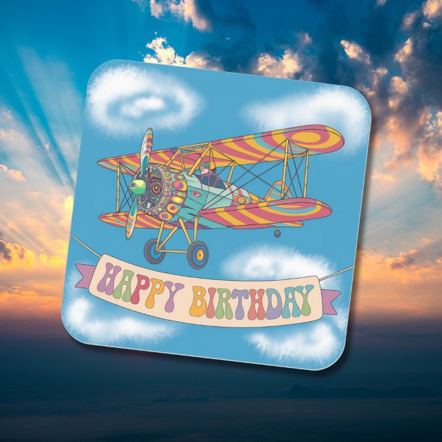 Biplane flying over happy birthday banner square sticker (Creator Uploaded)